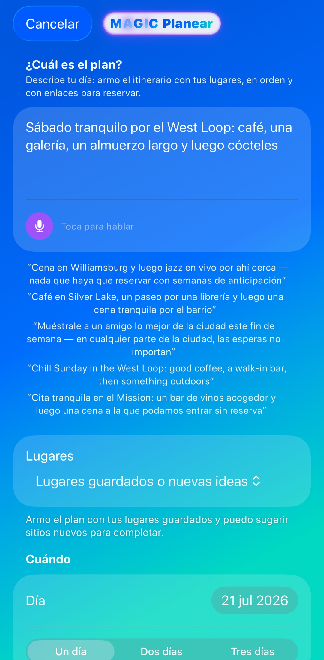 Describe tu día. Recibe el itinerario.
