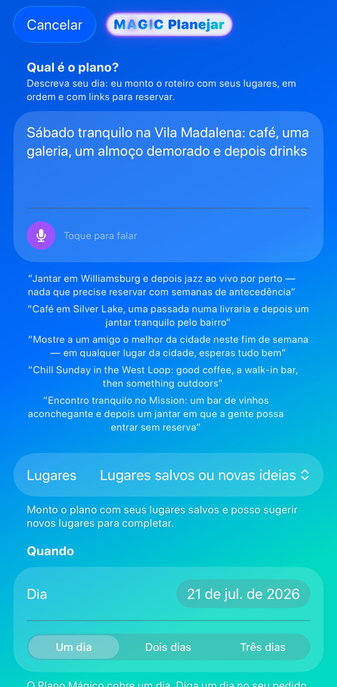 Descreva o seu dia. Receba o roteiro.