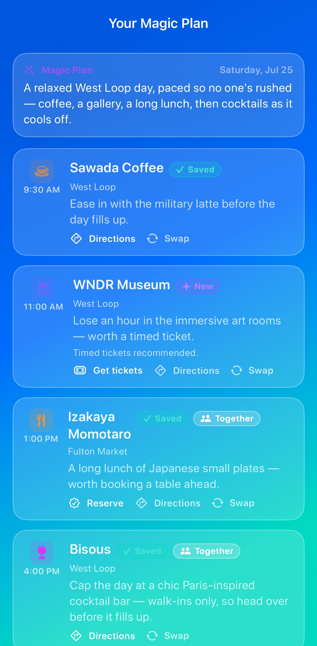 Describe your day. Get the itinerary.