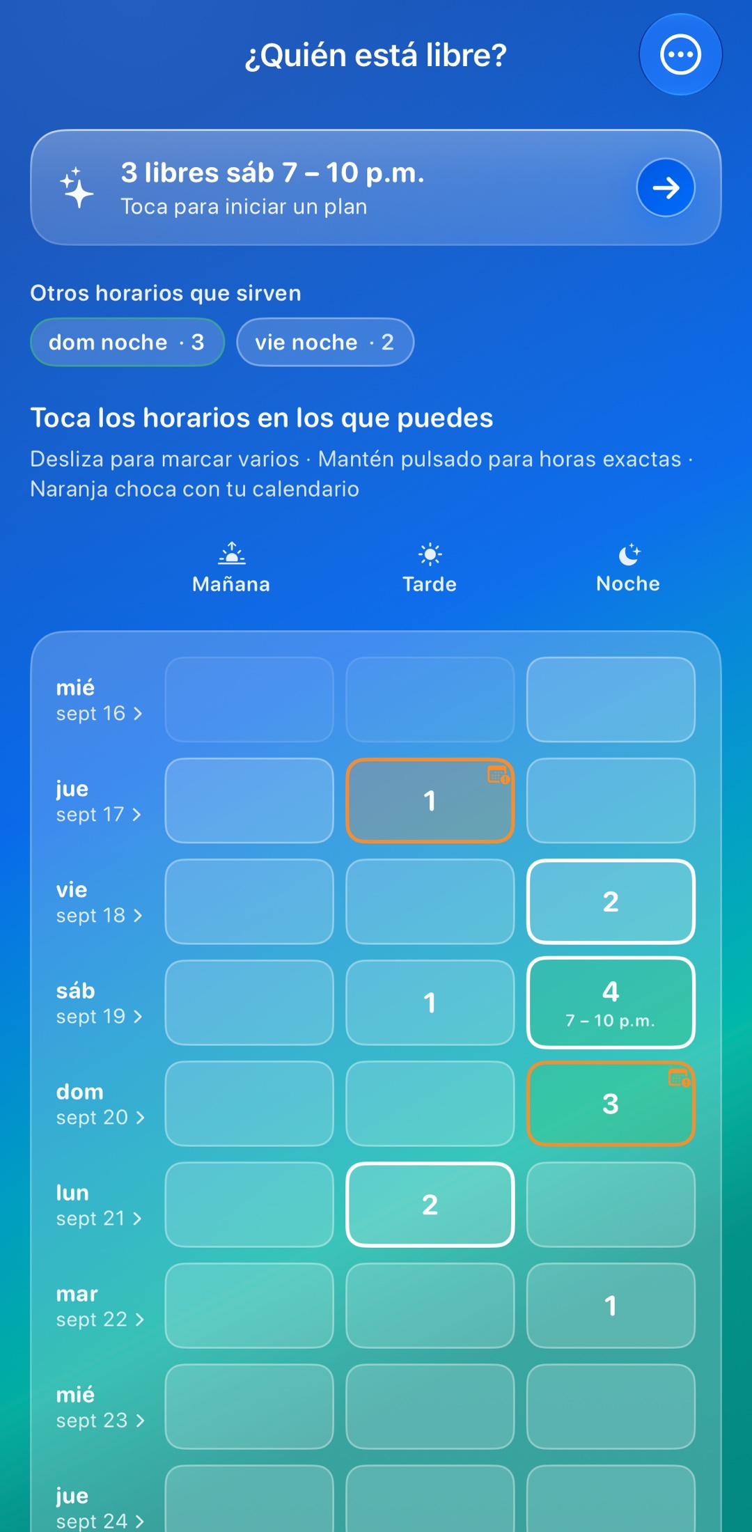 La pantalla de ¿Quién está libre? de Whosly — encuentra una hora que le sirva a todo el grupo