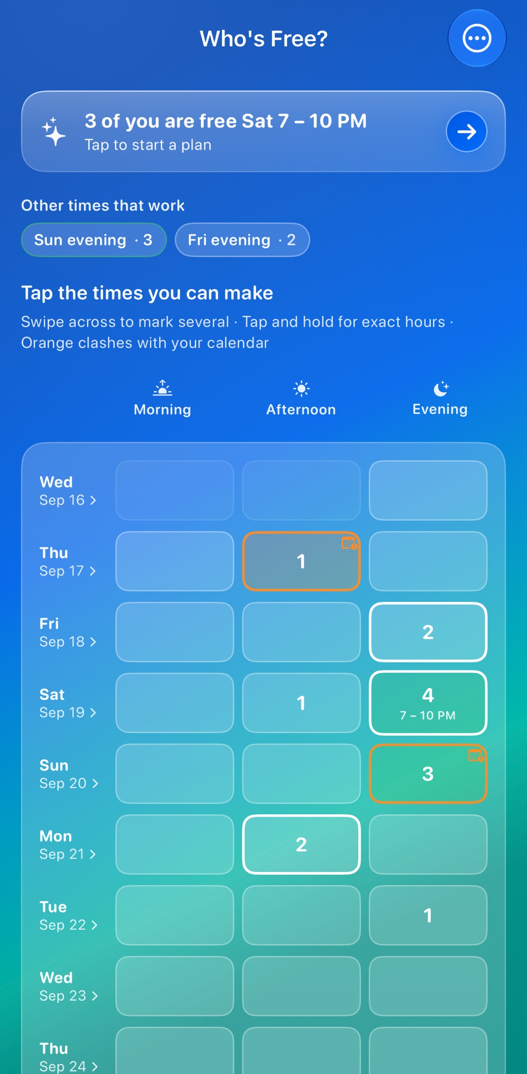 Whosly's Who's Free? screen — finding a time the whole group can make